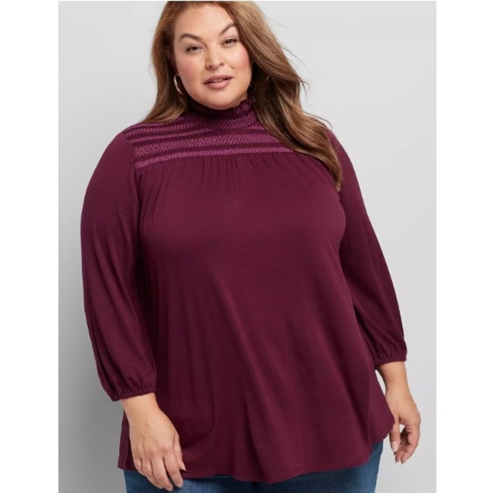 New Lane Bryant size 14/16 Purple Ruffle Neck Smocked 3/4 Sleeve Stretch Blouse